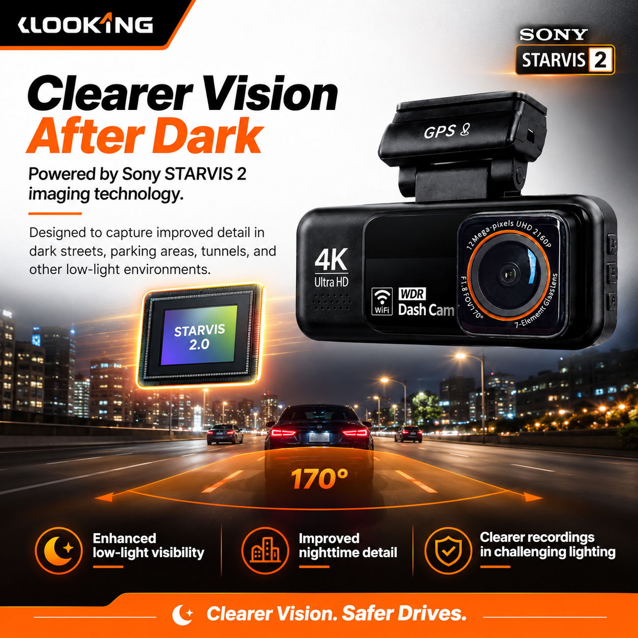LOOKING LE200 4K Front + 2K Rear Dash Cam with 3.2” Rearview Display & Built-in GPS