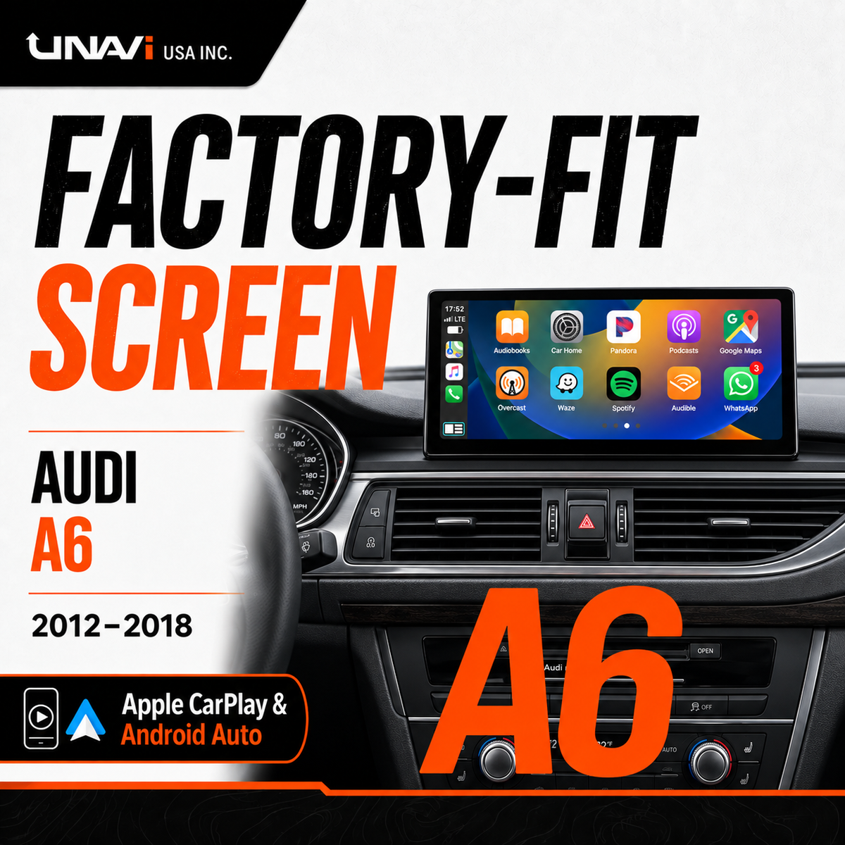 Unavi 12.3" Factory-Fit Screen for Audi A6 / S6 / RS6 (2012-2018 C7 C7.5) | Wireless CarPlay & Android Auto | Linux HD Touchscreen