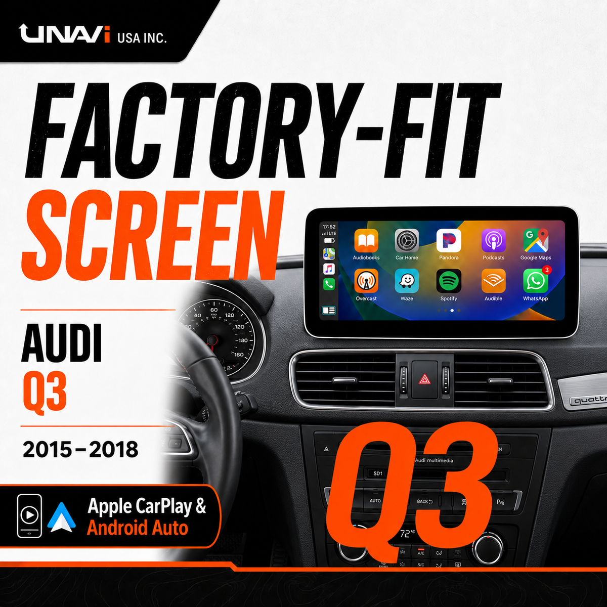 Unavi 12.3" Factory-Fit Screen for Audi Q3 (2015-2018 8U) | Wireless CarPlay & Android Auto | Linux HD Touchscreen