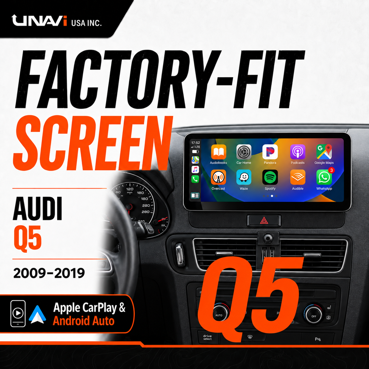 Unavi 12.3" Factory-Fit Screen for Audi Q5 / SQ5 (2009-2019 8R FY) | Wireless CarPlay & Android Auto | Linux HD Touchscreen