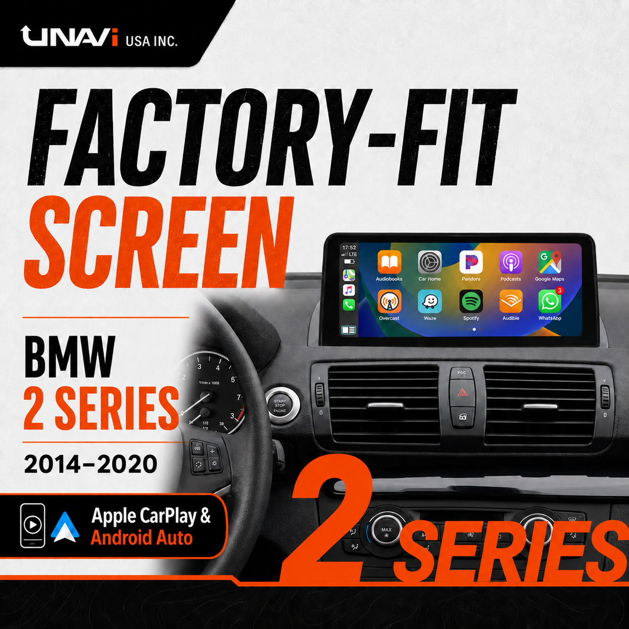 Unavi 12.3" Factory-Fit Screen for BMW 2 Series (2014-2020) | Wireless CarPlay & Android Auto | Linux HD Touchscreen