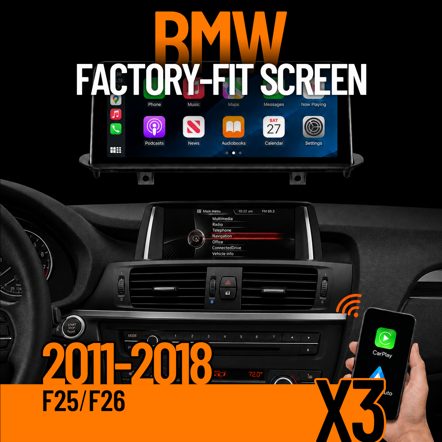 UNAVI Factory-Fit 10.25" / 12.3" Touch Screen Upgrade for 2011-2018 BMW X3 | Wireless Apple CarPlay & Android Auto (CIC / NBT)