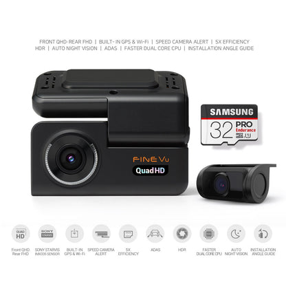 Unavi FineVu GX300 | 2 Channel Dash Cam | 2K QHD | GPS & WiFi built-in | 32 GB SD Card